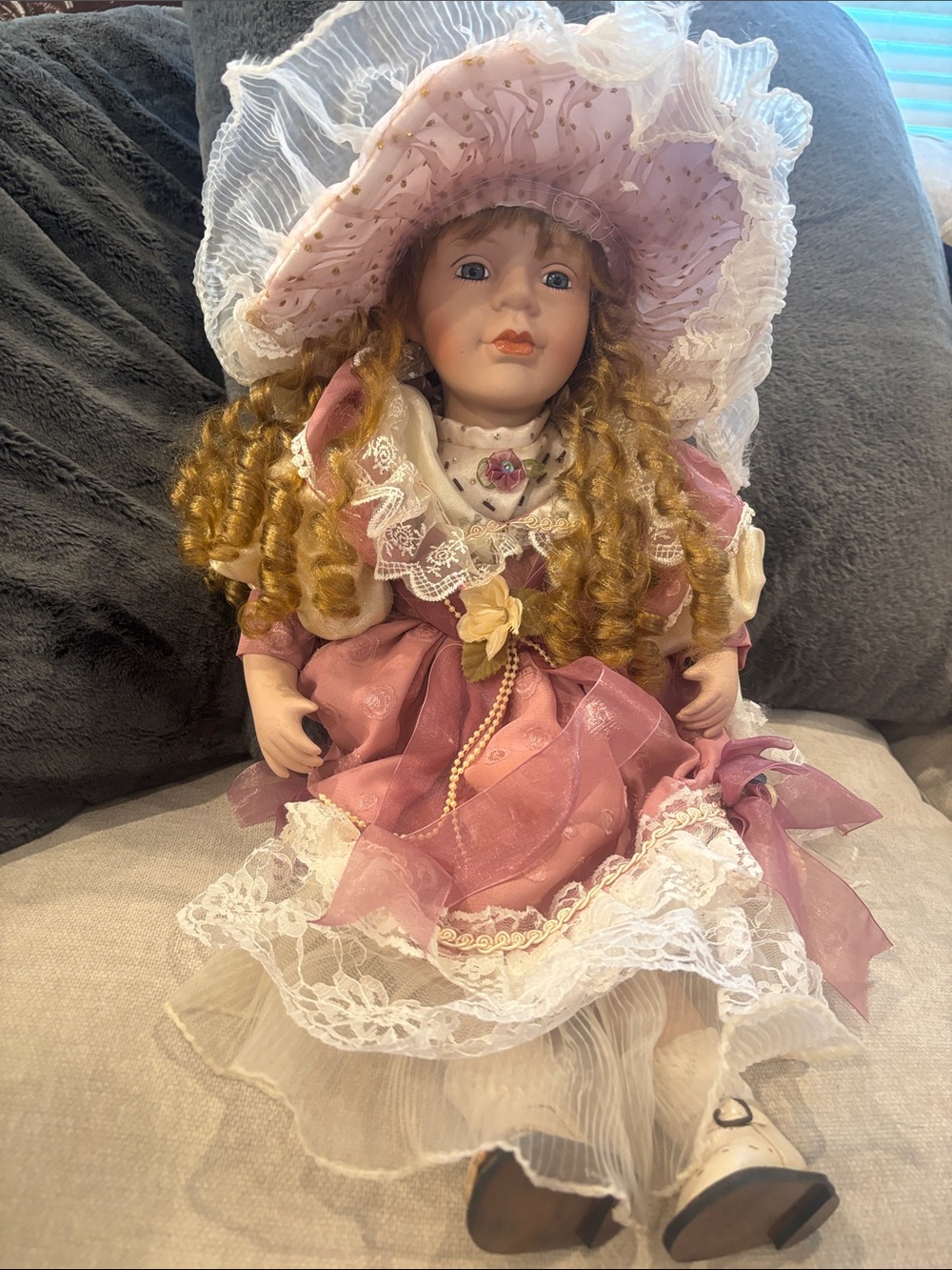Vintage Duck House Heirloom Porcelain Doll – Pink Victorian Dress & Bonnet